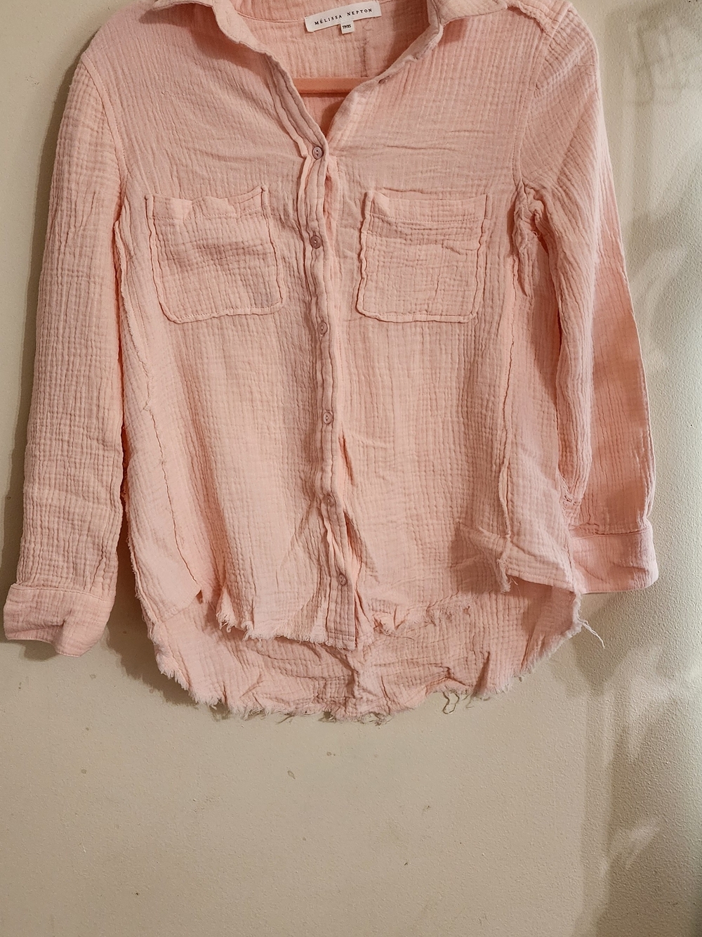 Melissa Nepton Pink Cotton Gauze Long Sleeve Button Down Shirt Raw Hem Size XS